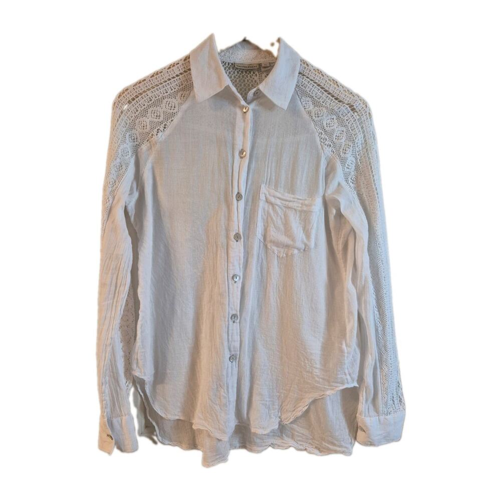 Holding Horses Anthropologie White Crochet Long Sleeve Button-Down Blouse Sheer